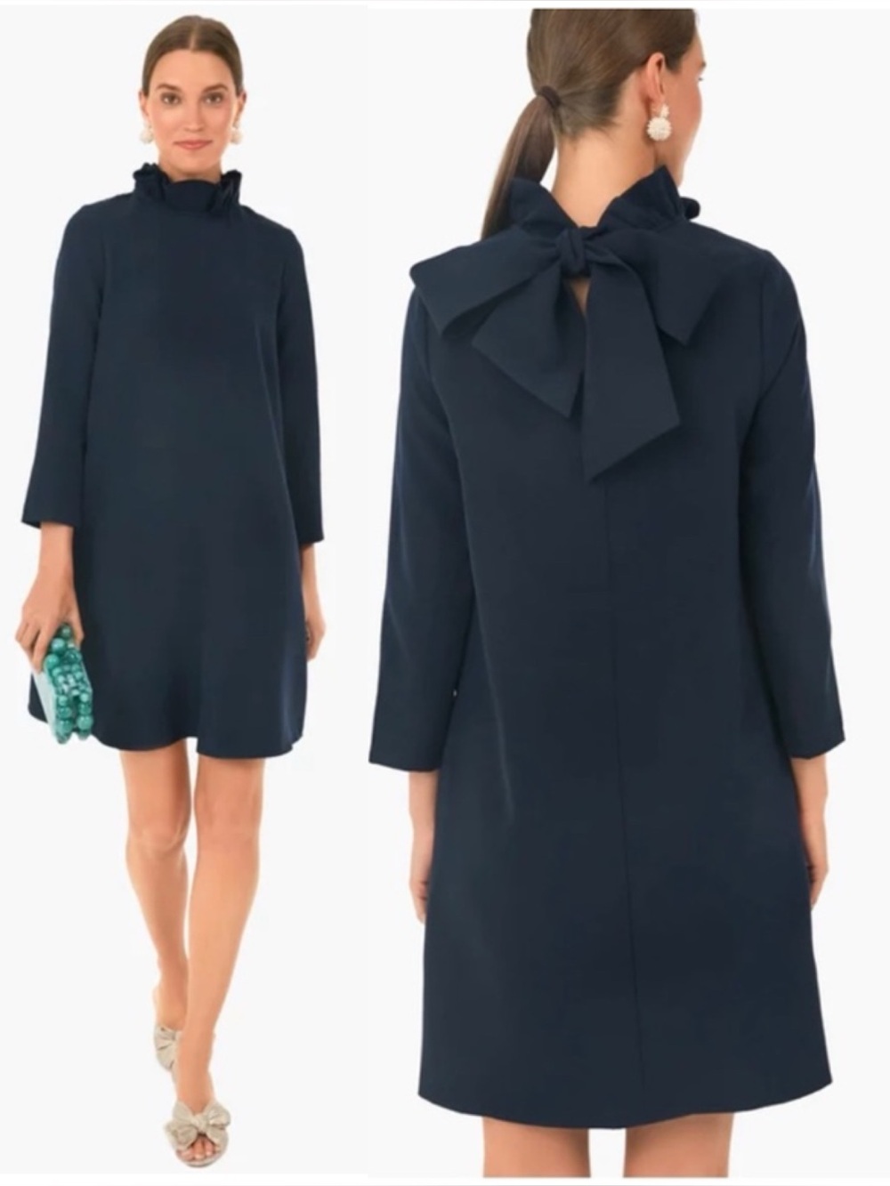 Tuckernuck Navy Ruffle-Neck Bow-Back Mini Dress